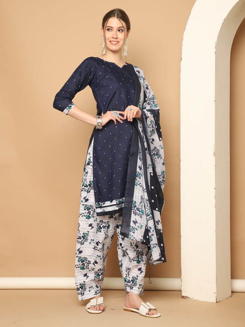 Navy Blue Cotton Blend Printed Readymade Patiala Salwar Suit