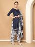 Navy Blue Cotton Blend Printed Readymade Patiala Salwar Suit