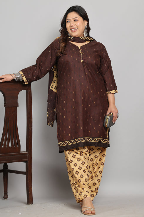 Brown Cotton Blend Printed Ready to Wear Patiala Salwar Suit