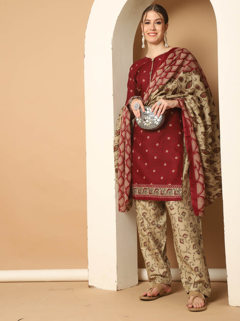 Maroon Cotton Blend Printed Ready to Wear Patiala Salwar Suit