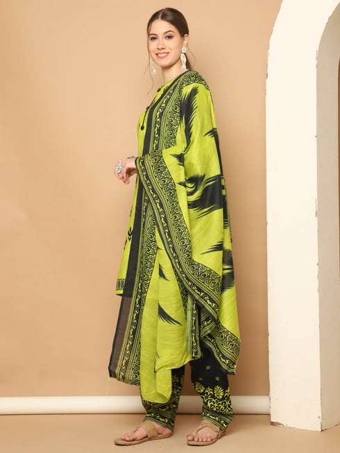 Neon Yellow Cotton Blend Printed Readymade Patiala Salwar Suit