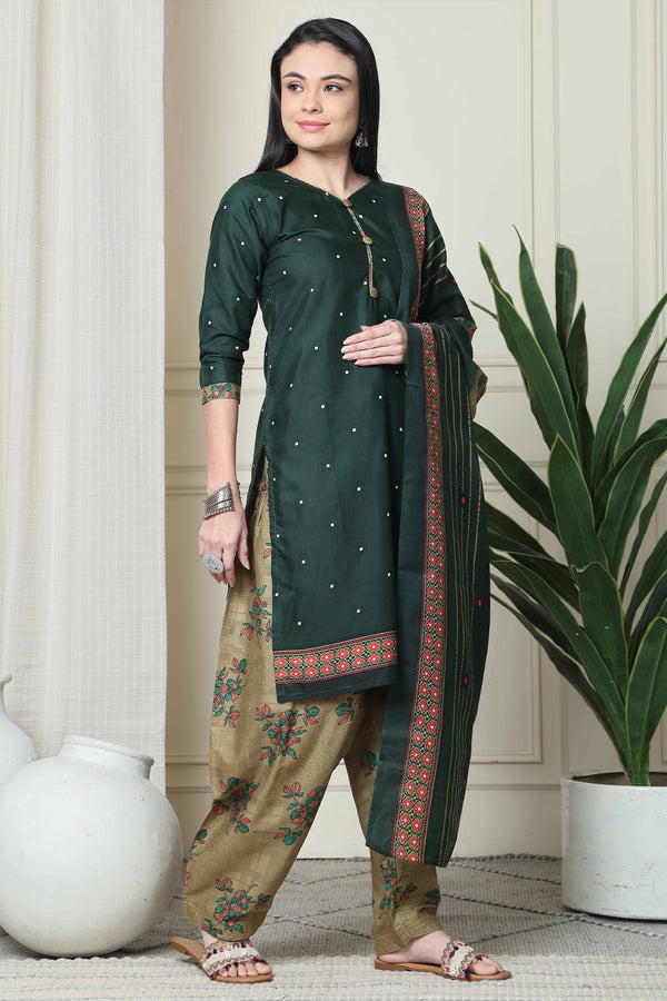 Green Cotton Blend Printed Readymade Patiala Salwar Suit