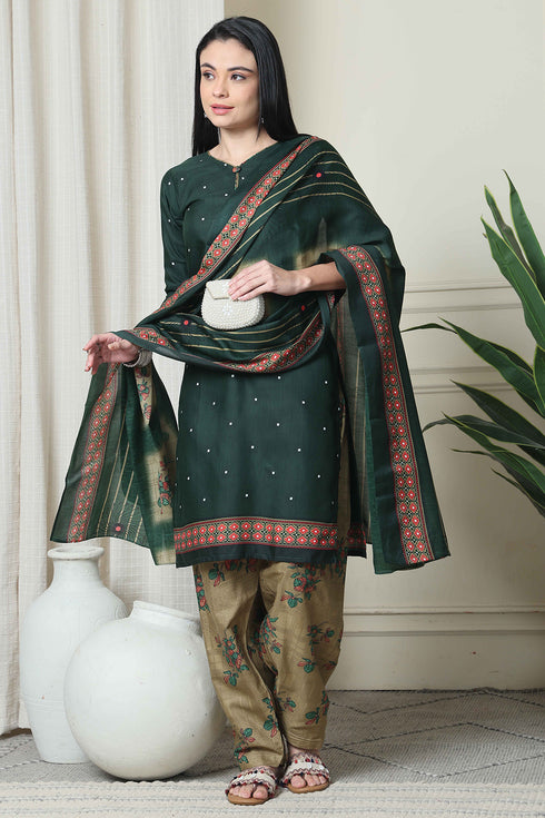 Green Cotton Blend Printed Readymade Patiala Salwar Suit