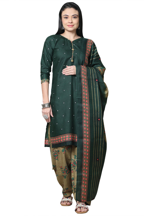 Green Cotton Blend Printed Readymade Patiala Salwar Suit