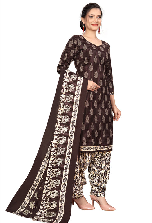 Brown Cotton Blend Printed Readymade Patiala Salwar Suit
