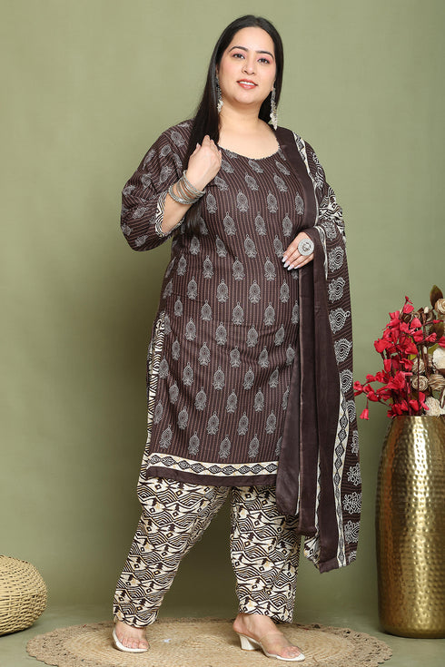 Brown Cotton Blend Printed Ready to Wear Patiala Salwar Suit