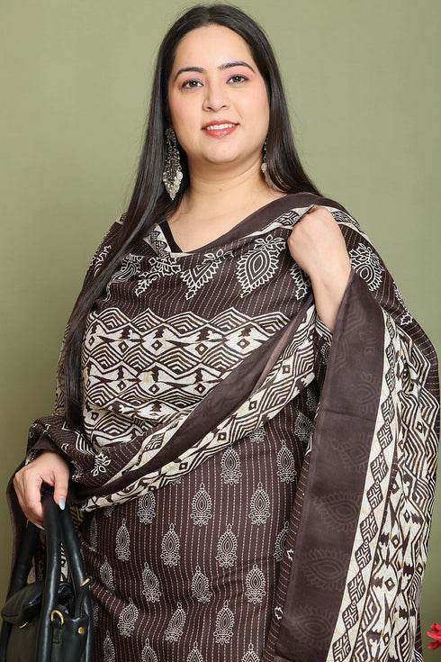 Brown Cotton Blend Printed Ready to Wear Patiala Salwar Suit