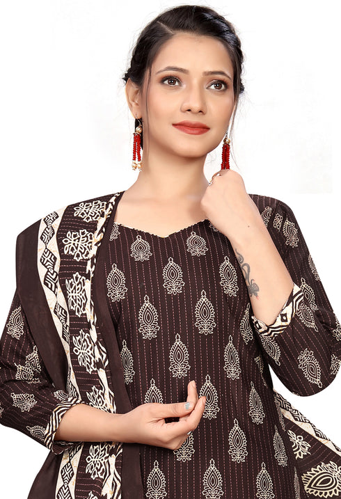 Brown Cotton Blend Printed Readymade Patiala Salwar Suit
