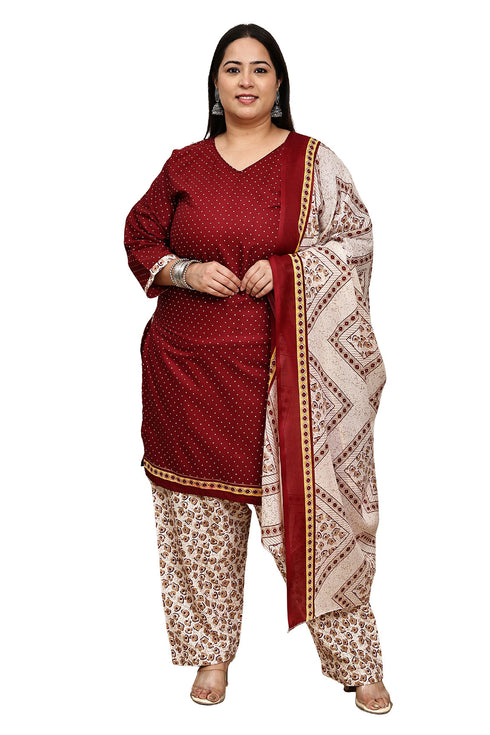 Maroon Cotton Blend Printed Plus Size Ready to Wear Patiala Salwar Suit