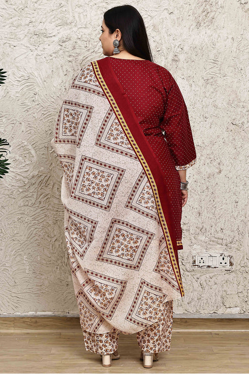 Maroon Cotton Blend Printed Plus Size Ready to Wear Patiala Salwar Suit