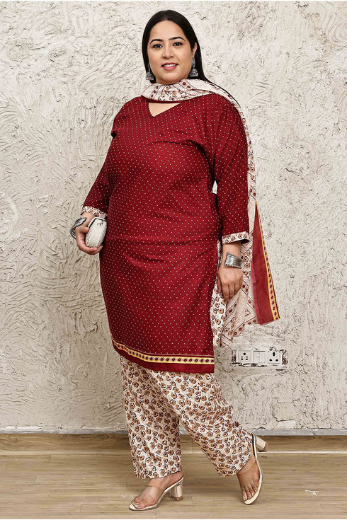 Maroon Cotton Blend Printed Plus Size Ready to Wear Patiala Salwar Suit