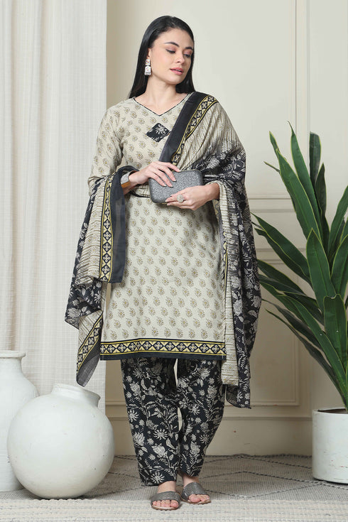 Beige Cotton Blend Printed Readymade Patiala Salwar Suit