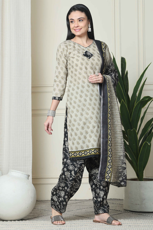 Beige Cotton Blend Printed Readymade Patiala Salwar Suit