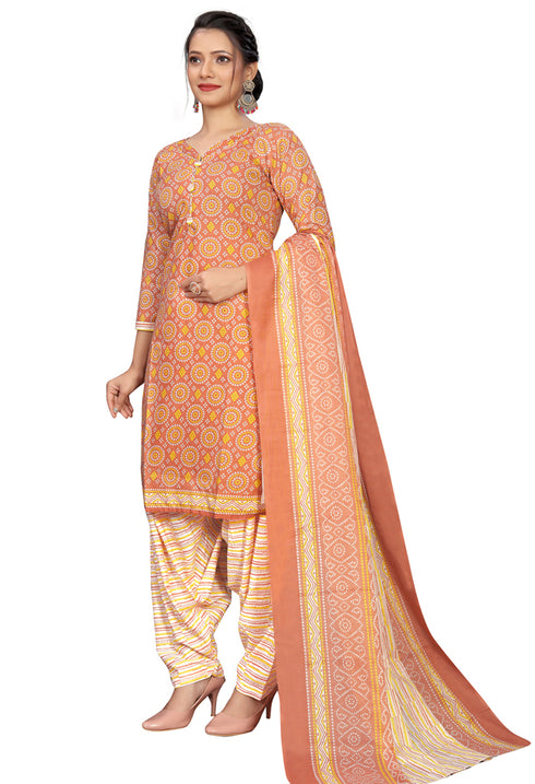 Light Orange Cotton Blend Printed Readymade Patiala Salwar Suit
