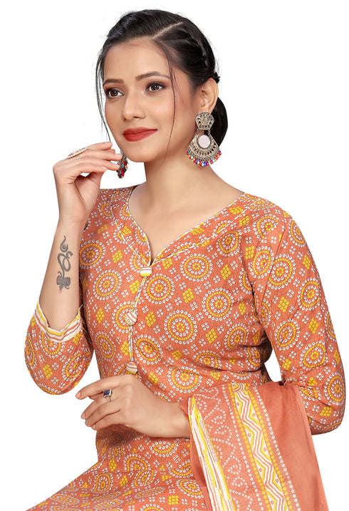 Light Orange Cotton Blend Printed Readymade Patiala Salwar Suit