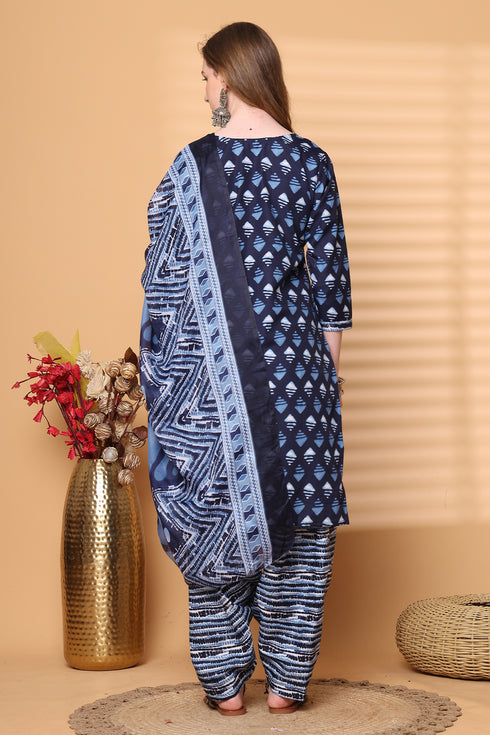 Navy Blue & White Cotton Blend Printed Ready to Wear Patiala Salwar Suit