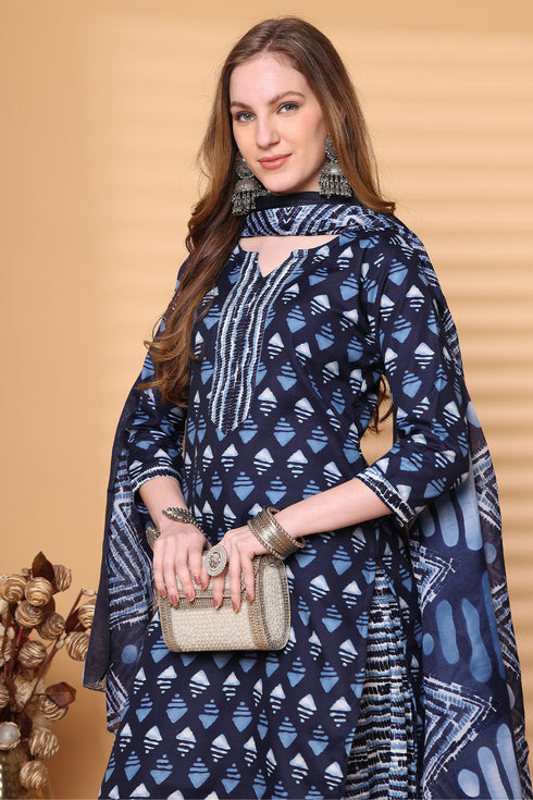 Navy Blue & White Cotton Blend Printed Ready to Wear Patiala Salwar Suit