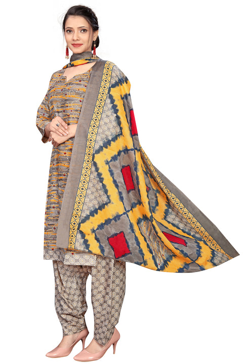Grey Cotton Blend Printed Readymade Patiala Salwar Suit