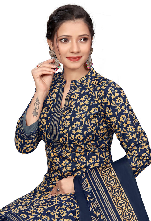 Navy Blue Cotton Blend Printed Readymade Patiala Salwar Suit