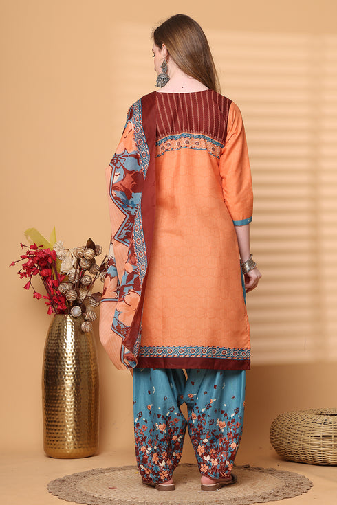 Light Orange Cotton Blend Printed Ready to Wear Patiala Salwar Suit