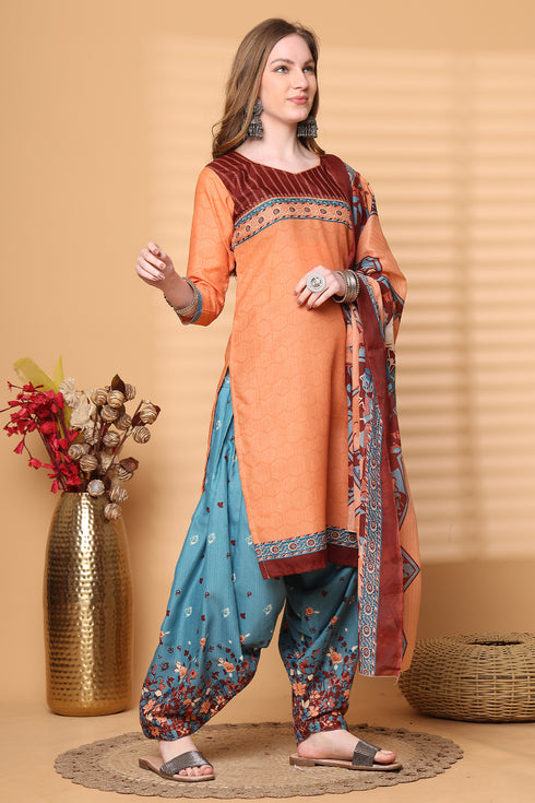 Light Orange Cotton Blend Printed Ready to Wear Patiala Salwar Suit