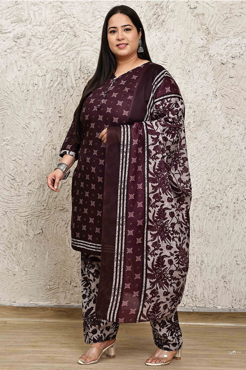 Wine Cotton Blend Printed Plus Size Ready to Wear Patiala Salwar Suit