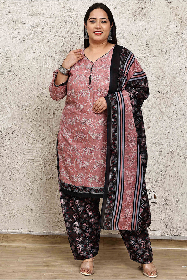 Mauve Cotton Blend Printed Plussize Ready to Wear Patiala Salwar Suit