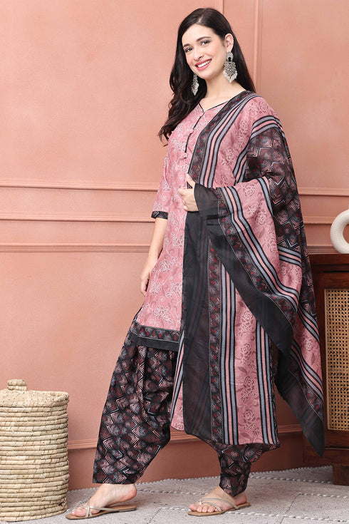 Mauve Cotton Blend Printed Ready to Wear Patiala Salwar Suit