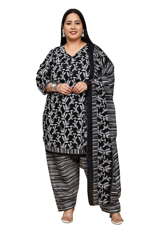 Black & White Cotton Blend Printed Plus Size Ready to Wear Patiala Salwar Suit