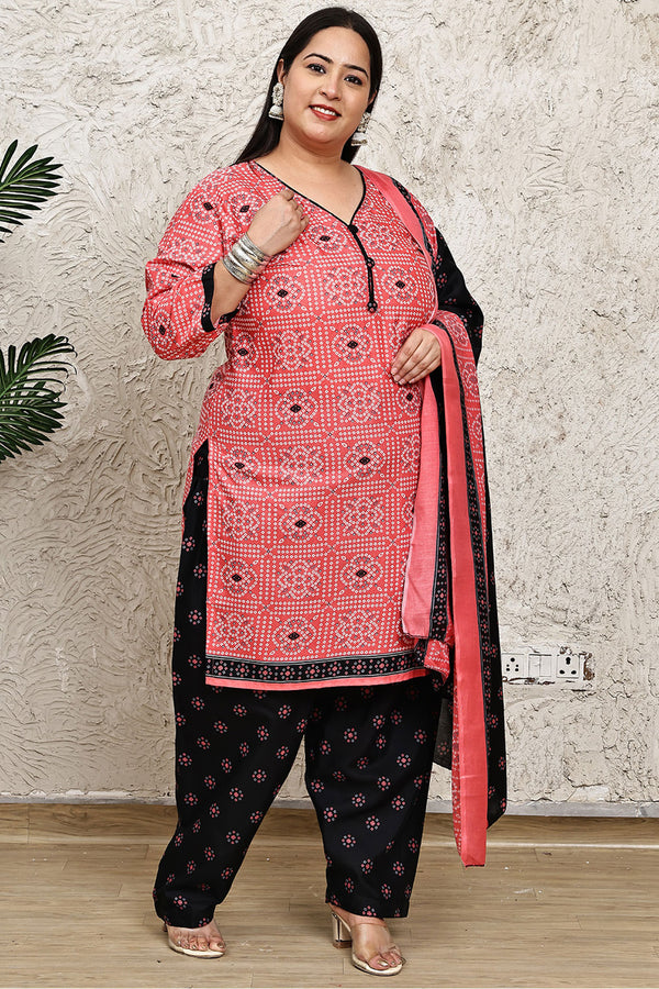 Pink Cotton Blend Printed Plus Size Ready to Wear Patiala Salwar Suit