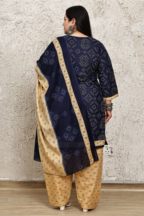 Navy Blue Cotton Blend Printed Plus Size Ready to Wear Patiala Salwar Suit