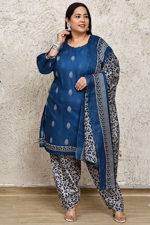 Blue Cotton Blend Printed Plus Size Ready to Wear Patiala Salwar Suit