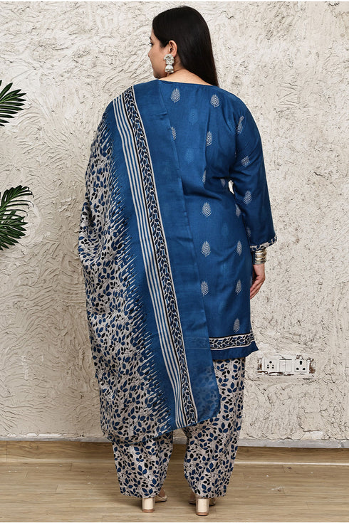 Blue Cotton Blend Printed Plus Size Ready to Wear Patiala Salwar Suit