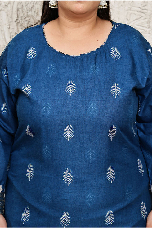 Blue Cotton Blend Printed Plus Size Ready to Wear Patiala Salwar Suit