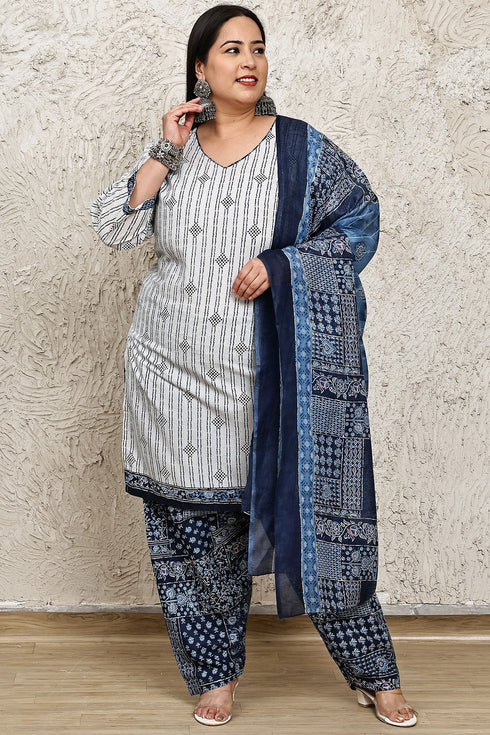 White Cotton Blend Printed Plus Size Ready to Wear Patiala Salwar Suit