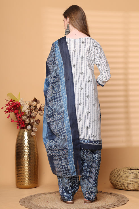 White Cotton Blend Printed Ready to Wear Patiala Salwar Suit