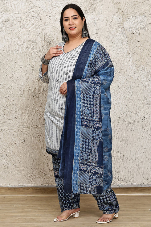White Cotton Blend Printed Plus Size Ready to Wear Patiala Salwar Suit