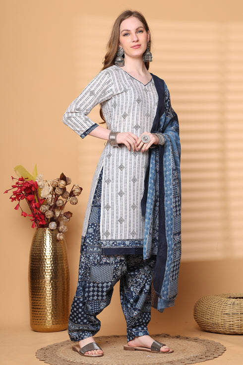 White Cotton Blend Printed Ready to Wear Patiala Salwar Suit