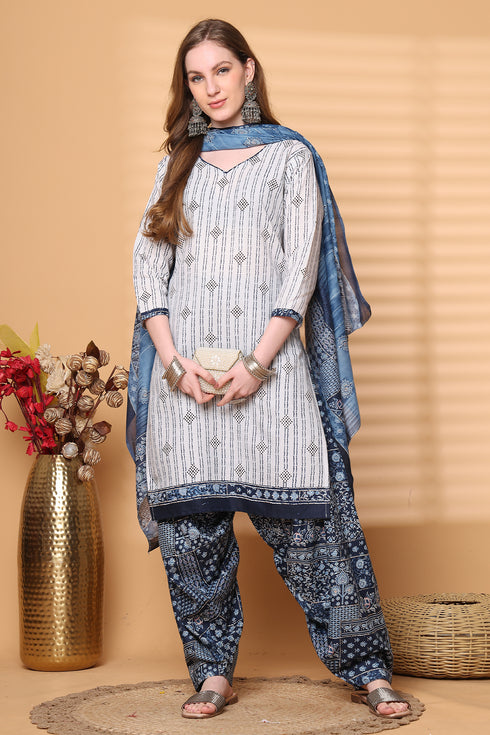 White Cotton Blend Printed Ready to Wear Patiala Salwar Suit