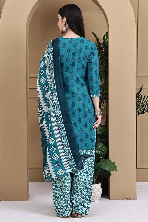 Teal Green Cotton Blend Printed Ready to Wear Patiala Salwar Suit