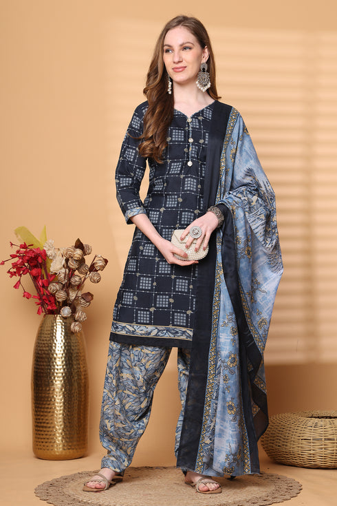 Navy Blue Cotton Blend Printed Ready to Wear Patiala Salwar Suit