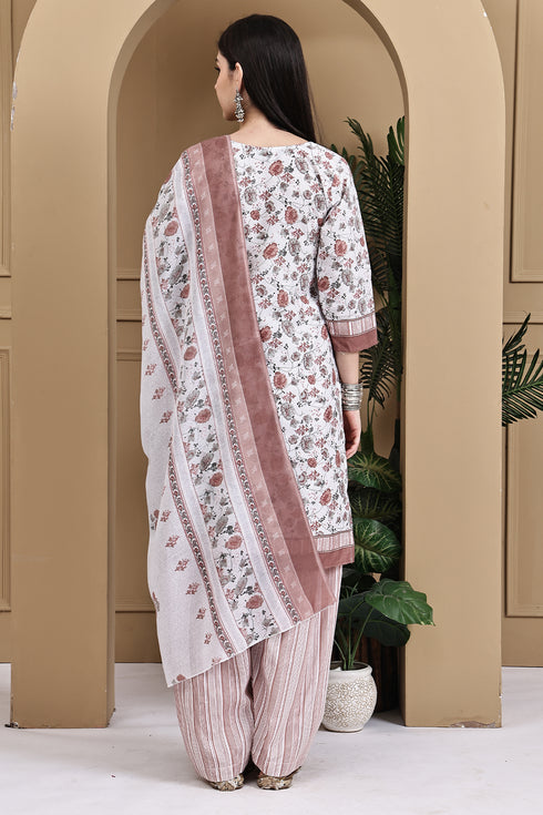 White Cotton Blend Printed Ready to Wear Patiala Salwar Suit
