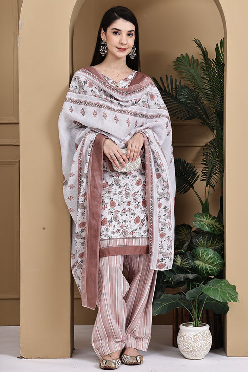 White Cotton Blend Printed Ready to Wear Patiala Salwar Suit