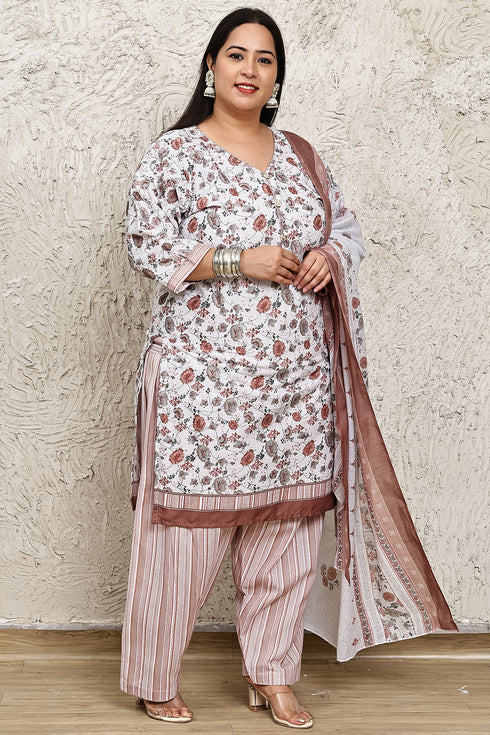 White Cotton Blend Printed Plus Size Ready to Wear Patiala Salwar Suit