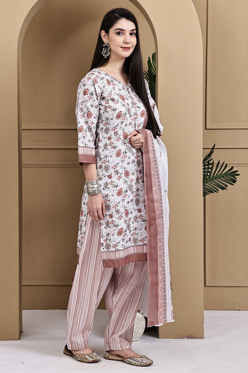 White Cotton Blend Printed Ready to Wear Patiala Salwar Suit