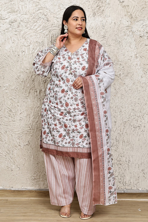 White Cotton Blend Printed Plus Size Ready to Wear Patiala Salwar Suit