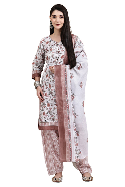 White Cotton Blend Printed Ready to Wear Patiala Salwar Suit