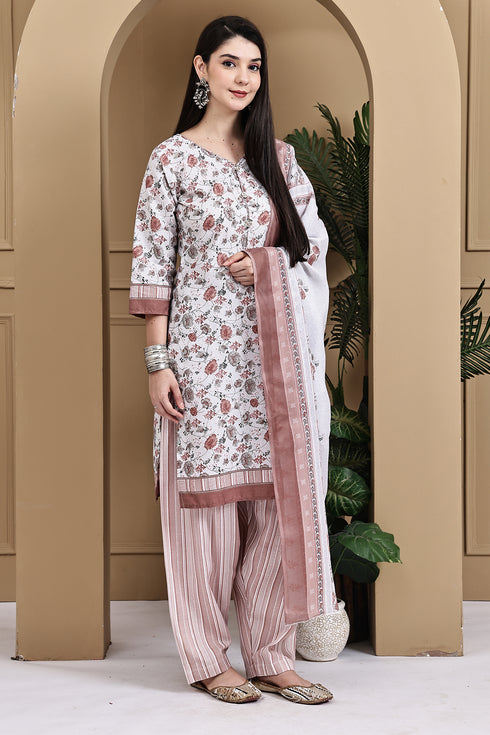 White Cotton Blend Printed Ready to Wear Patiala Salwar Suit