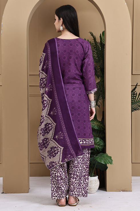 Purple Cotton Blend Printed Ready to Wear Patiala Salwar Suit