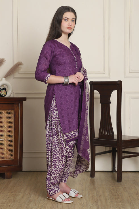 Purple Cotton Blend Printed Ready to Wear Patiala Salwar Suit